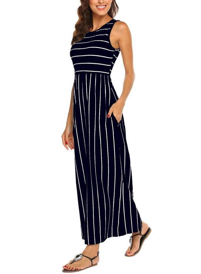 Hount Women's Summer Sleeveless Striped Flowy Casual Long Maxi Dress with Pockets (Navy Blue, XX-Large) - Image 1