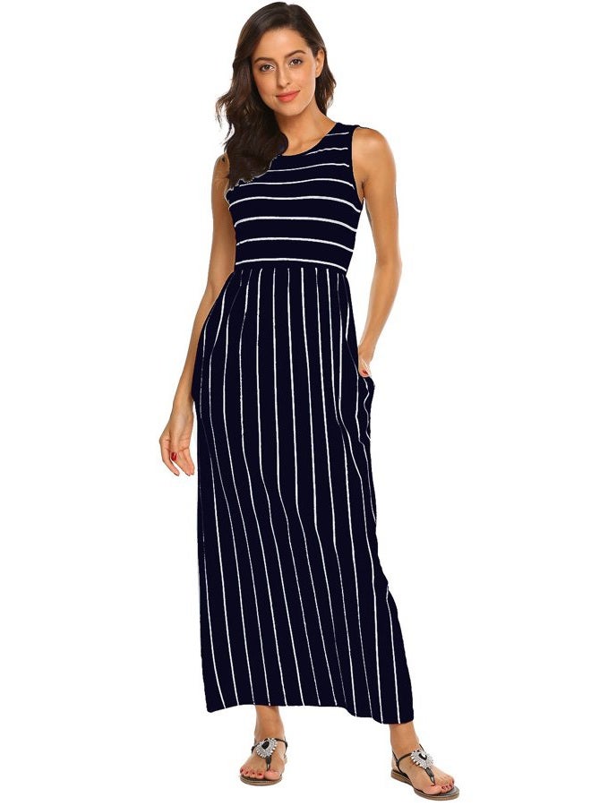 Hount Women's Summer Sleeveless Striped Flowy Casual Long Maxi Dress with Pockets (Navy Blue, XX-Large) - Image 3