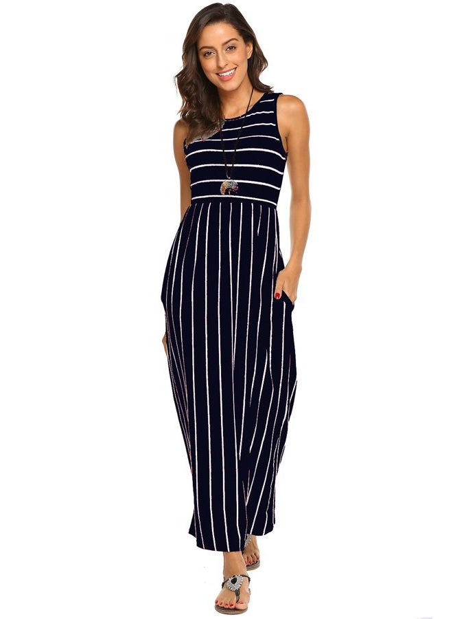 Hount Women's Summer Sleeveless Striped Flowy Casual Long Maxi Dress with Pockets (Navy Blue, XX-Large) - Image 2