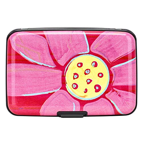ELFISH RFID Blocking Credit Cards Holder Aluminum Wallet Metal ID Case for Men Women (Big pink flower) - Image 1