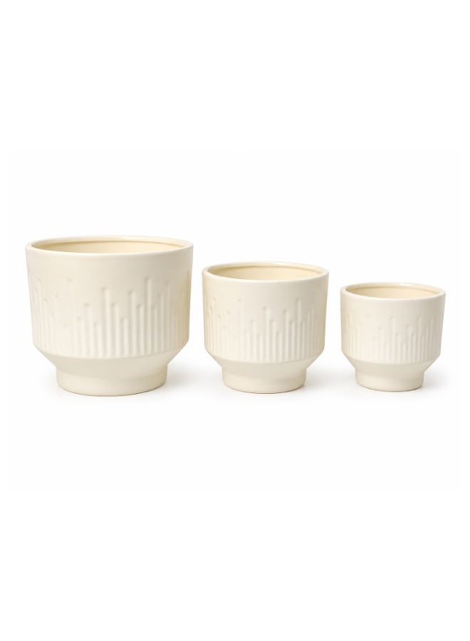 Emarald 3-Piece Ceramic Flower Pot Set with Textured Design Decorative Indoor & Outdoor Planters for Succulents, Cactus, Herbs & Small Plants White - Image 1