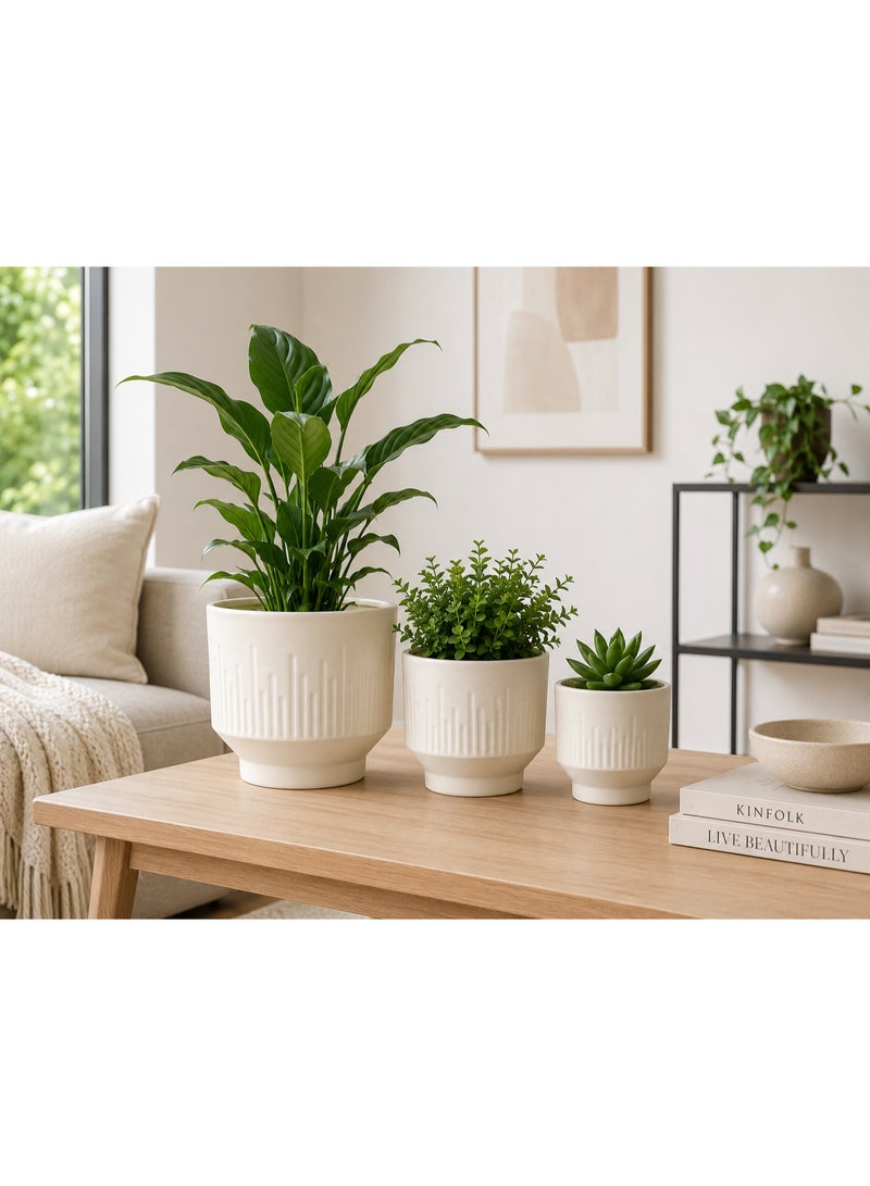 Emarald 3-Piece Ceramic Flower Pot Set with Textured Design Decorative Indoor & Outdoor Planters for Succulents, Cactus, Herbs & Small Plants White - Image 5