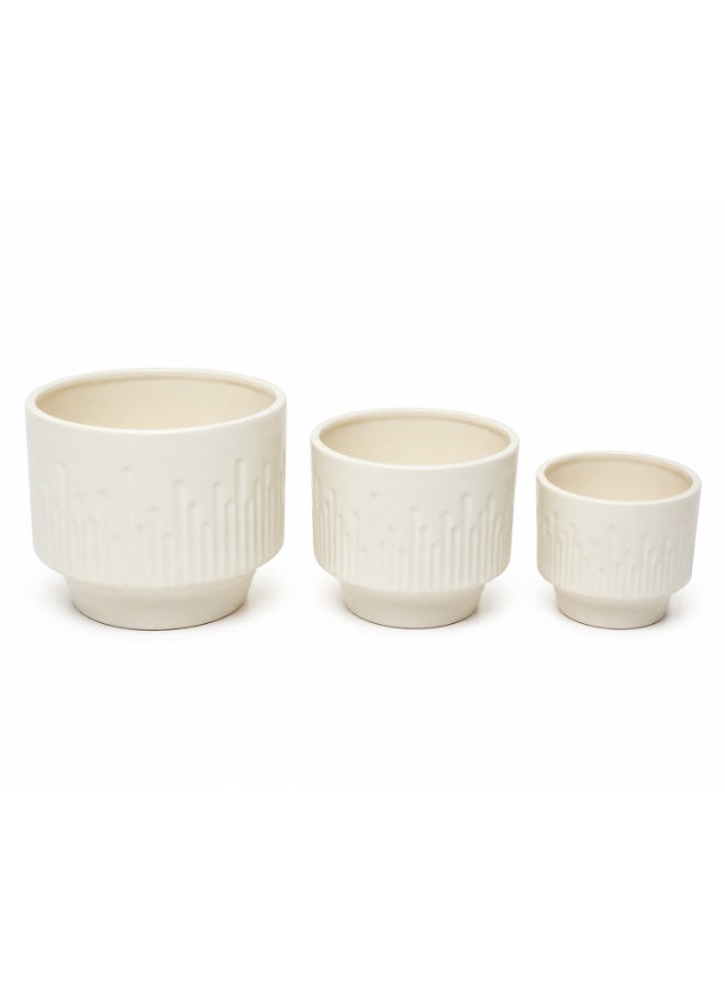 Emarald 3-Piece Ceramic Flower Pot Set with Textured Design Decorative Indoor & Outdoor Planters for Succulents, Cactus, Herbs & Small Plants White - Image 2