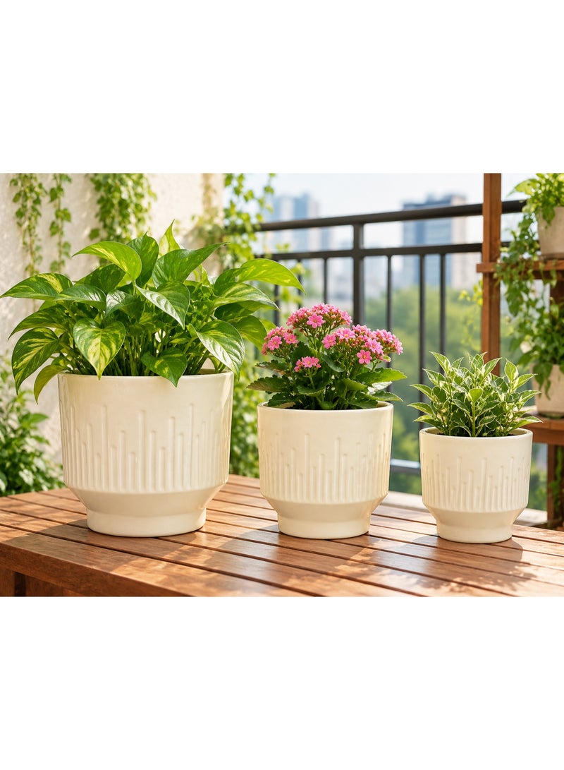 Emarald 3-Piece Ceramic Flower Pot Set with Textured Design Decorative Indoor & Outdoor Planters for Succulents, Cactus, Herbs & Small Plants White - Image 3