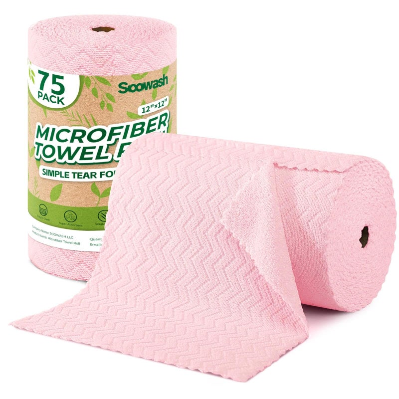 SOOWASH Microfiber Cleaning Cloths Roll, 75 Pack Tear Away Microfiber Towels Roll, 12" x 12" Lint Free Rags, Reusable Cleaning Cloths, Washable, Scratch Free,Ultra Absorbent Dish Rags(Pink Ripple) - Image 1