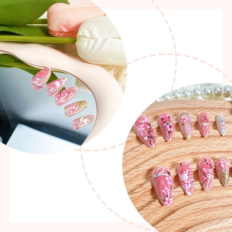 FDSQHSA 30pcs Pink Flower Cute Cat Almond Acrylic Press-On False Nails Kit with Rhinestone Pearl Designs, Bow, Summer Floral Nail Decoration - Image 2