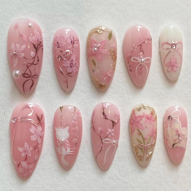 FDSQHSA 30pcs Pink Flower Cute Cat Almond Acrylic Press-On False Nails Kit with Rhinestone Pearl Designs, Bow, Summer Floral Nail Decoration - Image 1