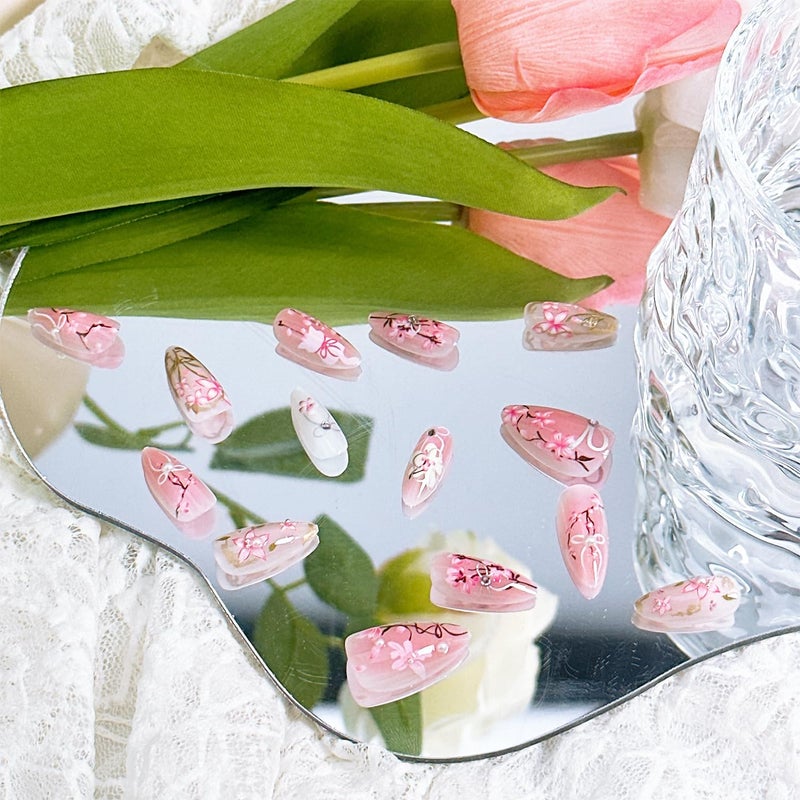 FDSQHSA 30pcs Pink Flower Cute Cat Almond Acrylic Press-On False Nails Kit with Rhinestone Pearl Designs, Bow, Summer Floral Nail Decoration - Image 4