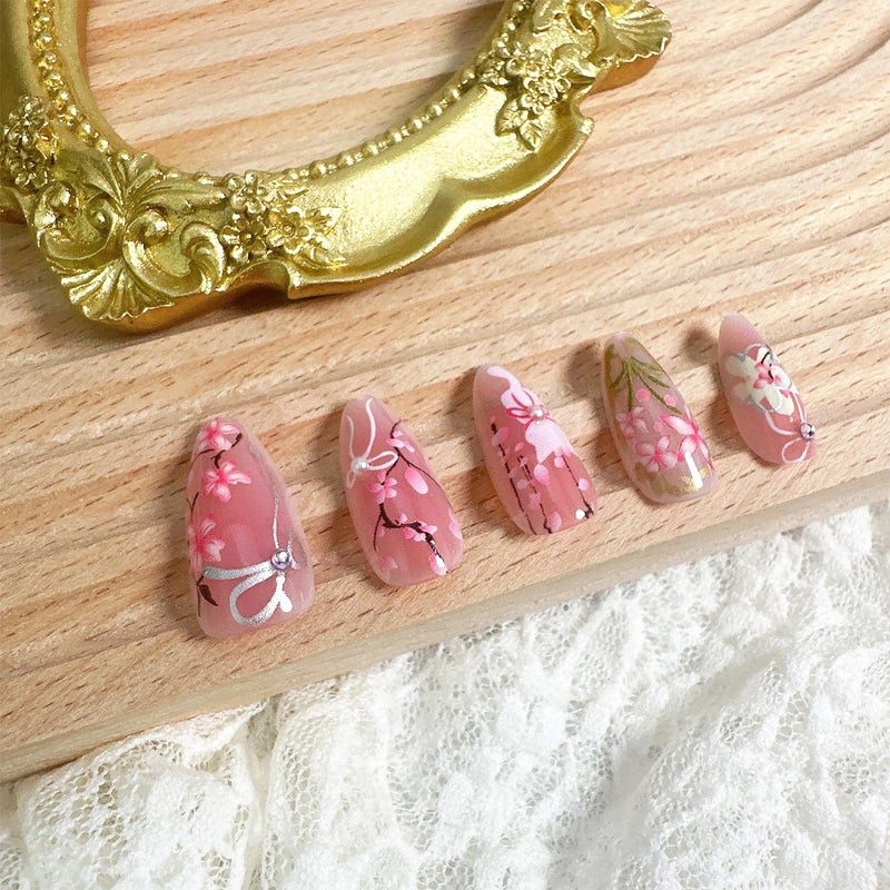 FDSQHSA 30pcs Pink Flower Cute Cat Almond Acrylic Press-On False Nails Kit with Rhinestone Pearl Designs, Bow, Summer Floral Nail Decoration - Image 5