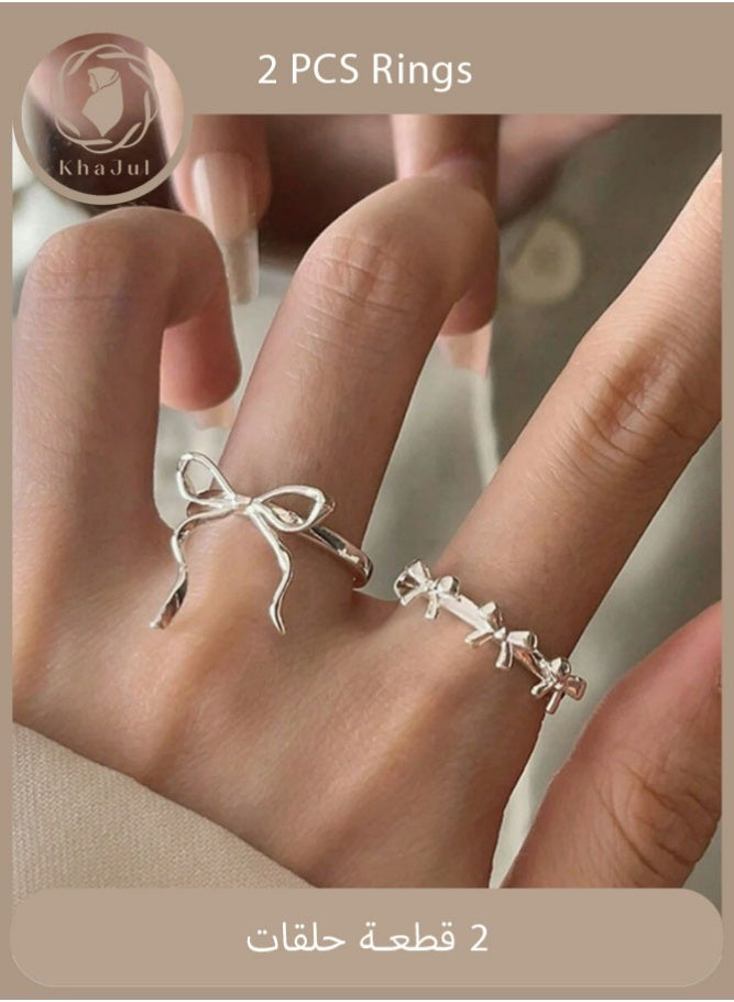 KHAJUL 2 Pcs Fashionable Bowknot Decorated Open Ring Set, Suitable For Women's Daily Wear - Image 1