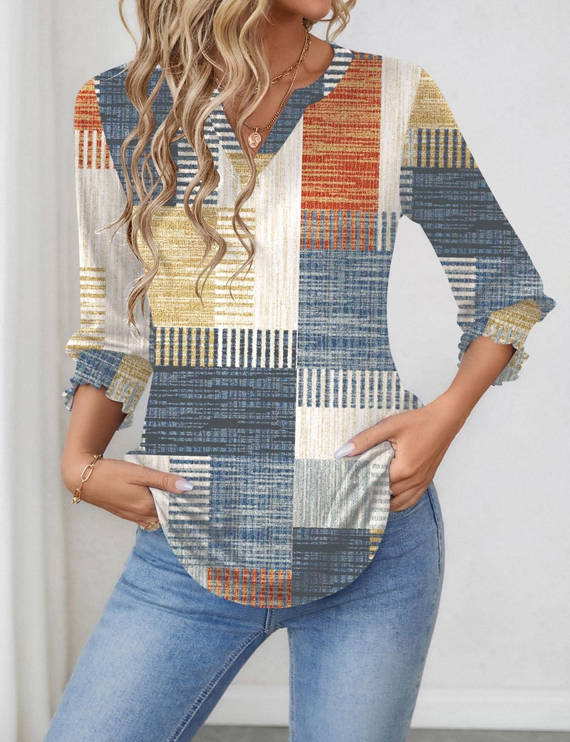 LOMON Trendy Tops for Women 2025 3/4 V Neck Tunic Tops for Women Loose Fit Dressy Summer Trendy Orange Blue Print M - Image 3