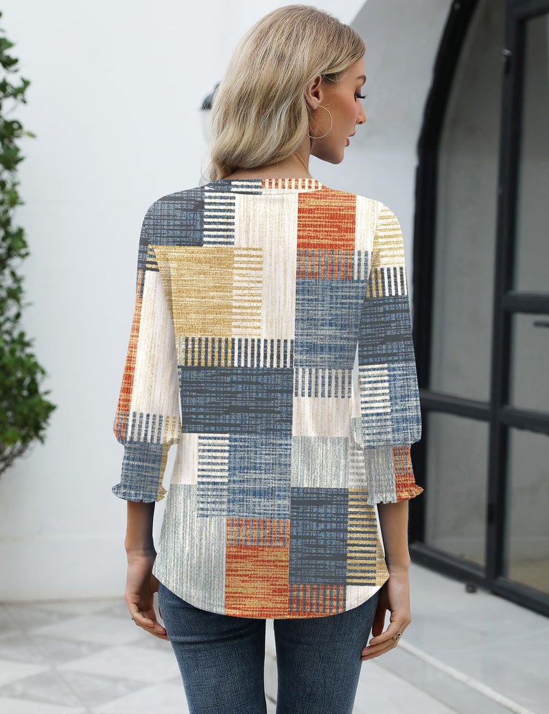 LOMON Trendy Tops for Women 2025 3/4 V Neck Tunic Tops for Women Loose Fit Dressy Summer Trendy Orange Blue Print M - Image 4