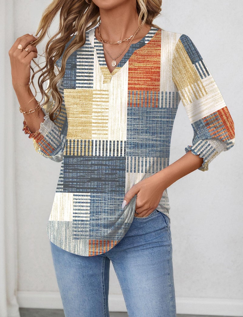 LOMON Trendy Tops for Women 2025 3/4 V Neck Tunic Tops for Women Loose Fit Dressy Summer Trendy Orange Blue Print M - Image 2