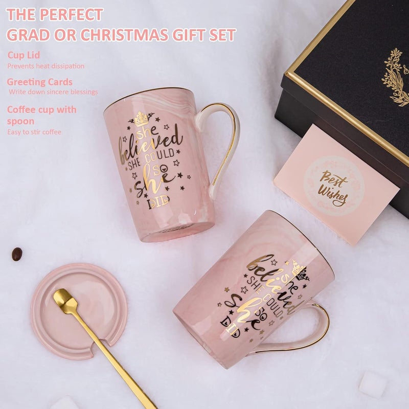 ALBISS Gifts for Her, Pink Marble Ceramic Gold Print Cup 14oz，Printed with She Believed She Could So She Did, Inspirational Congratulations Gifts for Daughter, Friend, Exquisite Gift Box - Image 3