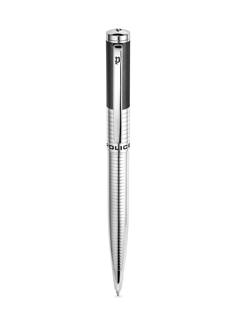 بوليس Meiryo Black Silver Stainless Steel Textured Pen with Silver Trims, Blue Ink - 138 mm