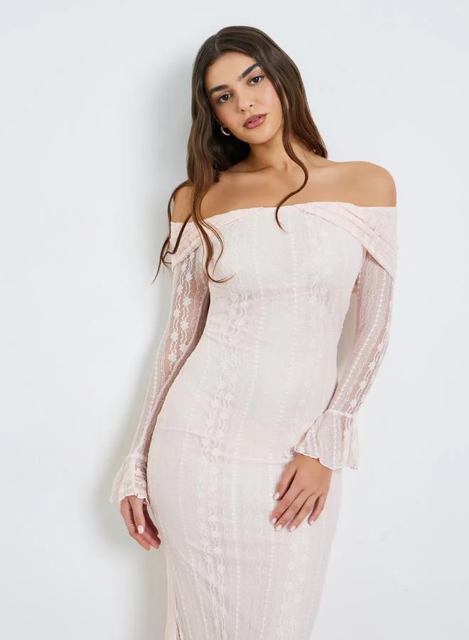 Styli Light Pink Lace Off Shoulder Bodycon Maxi Dress