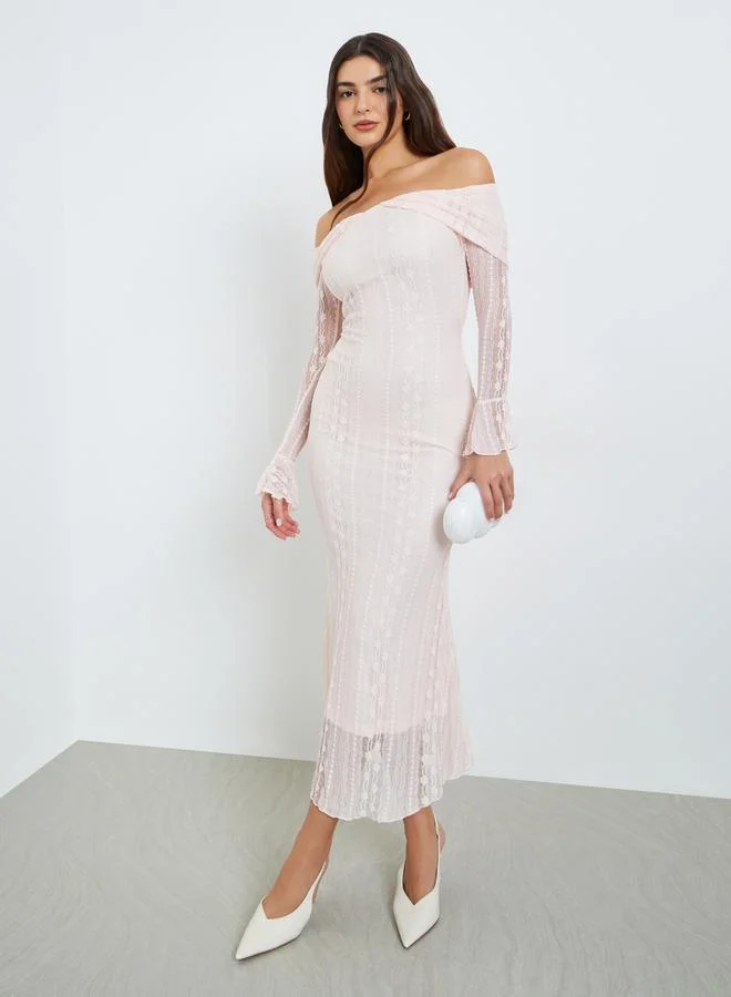 Styli Light Pink Lace Off Shoulder Bodycon Maxi Dress