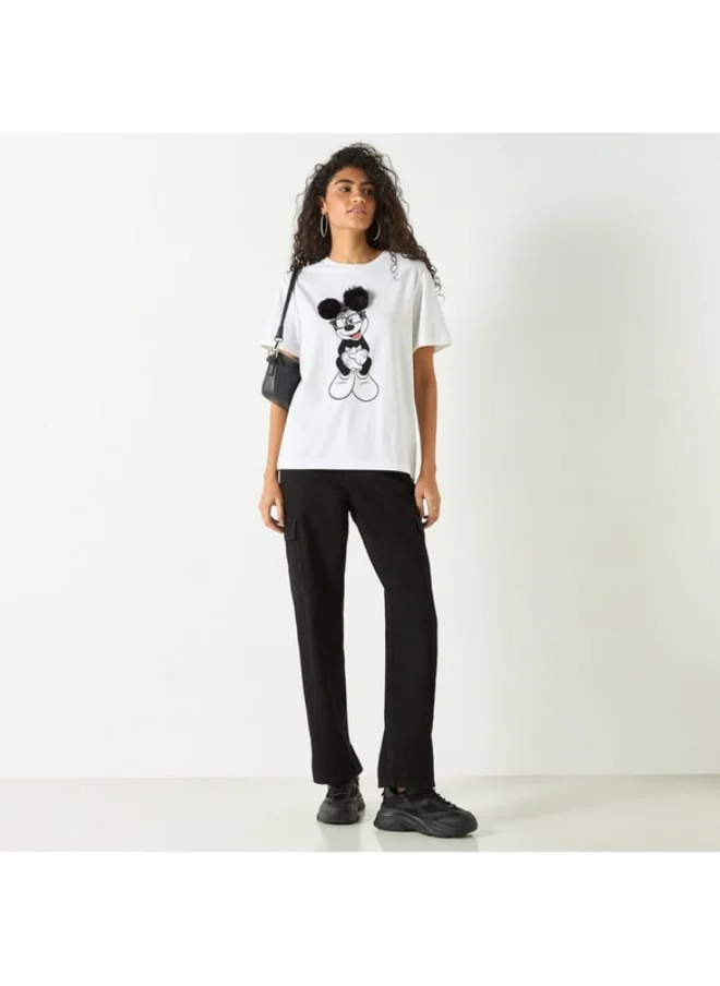 SP Characters Mickey Mouse Embellished T-Shirt with Crew Neck and Short Sleeves