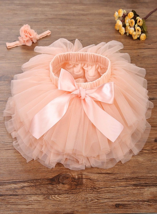 elamccor Baby Girls Tutu Skirt Headband Set Toddler Ruffle Tulle Diaper Covers 6-24 Month Peach - Image 2