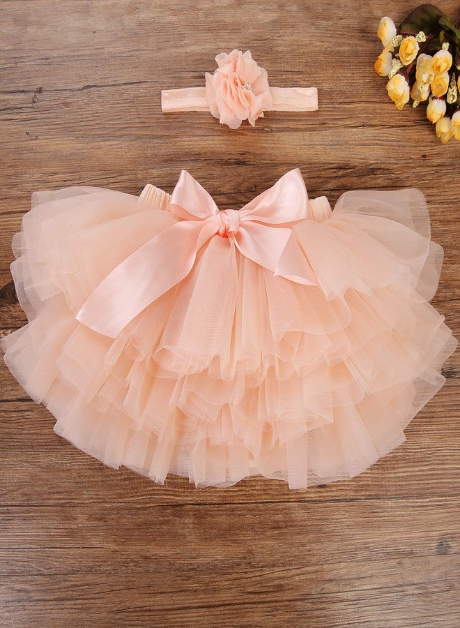elamccor Baby Girls Tutu Skirt Headband Set Toddler Ruffle Tulle Diaper Covers 6-24 Month Peach - Image 4