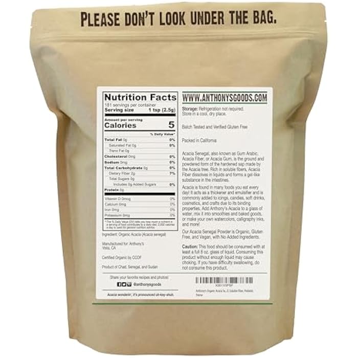 Anthony's Organic Acacia Senegal Powder, 1 lb, Batch Tested Gluten Free, Non GMO, Soluble Fiber, Prebiotic - Image 2
