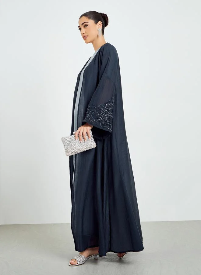 Navy Blue Embroidered Sleeve A-Line Abaya