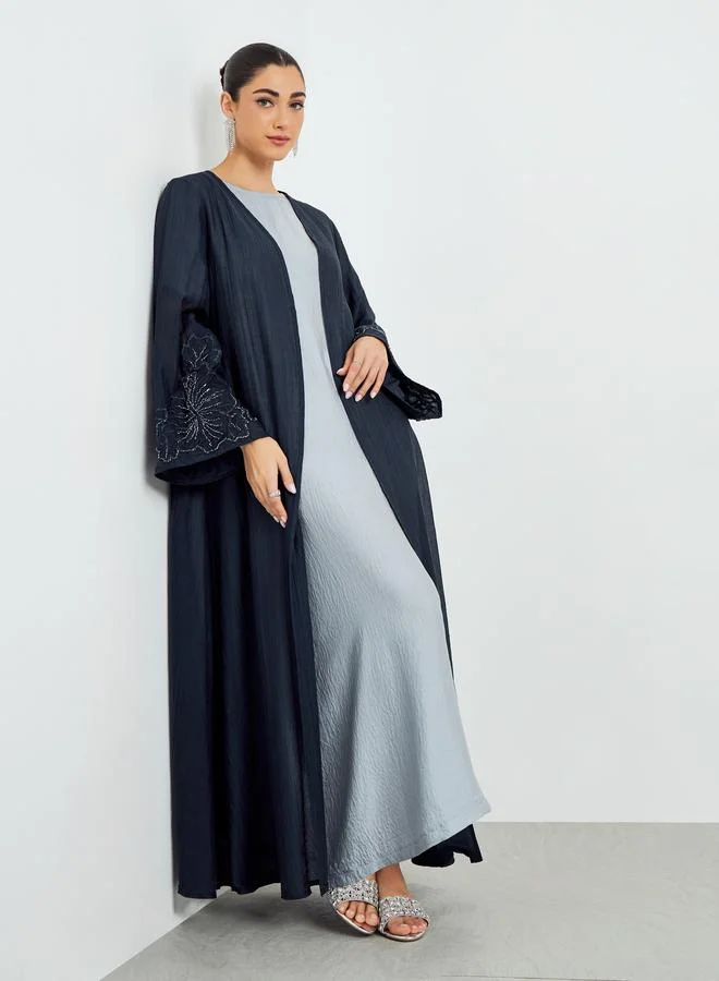 Amirah  Navy Blue Embroidered Sleeve A-Line Abaya for Women | Best Price UAE