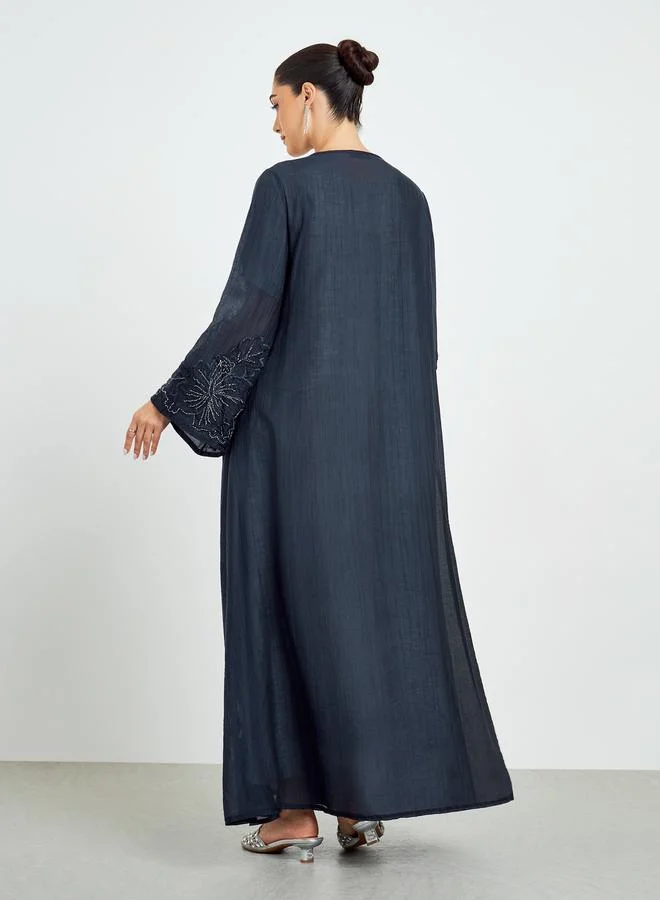 Amirah  Navy Blue Embroidered Sleeve A-Line Abaya for Women | Best Price UAE