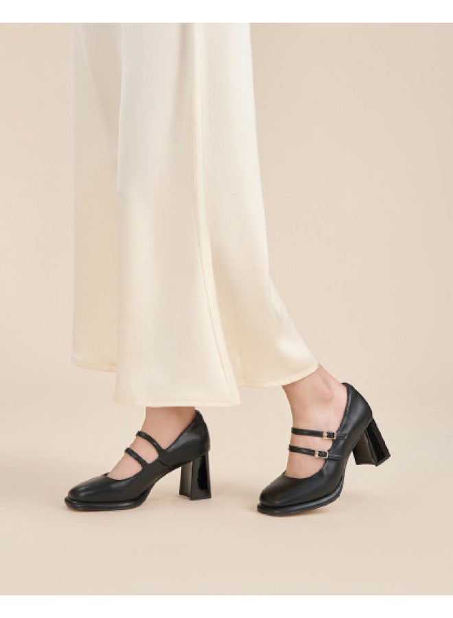 AOKANG Chunky Heel Mary Janes】spring French Style Height-enhancing Fairy Gentle Elegant Retro Leather Shoes - Image 1