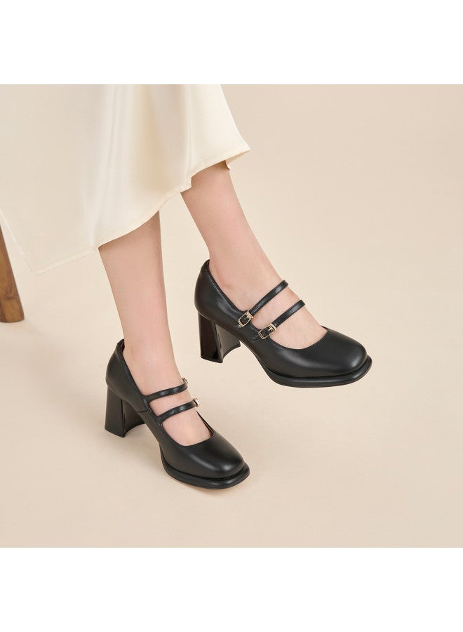 AOKANG Chunky Heel Mary Janes】spring French Style Height-enhancing Fairy Gentle Elegant Retro Leather Shoes - Image 3