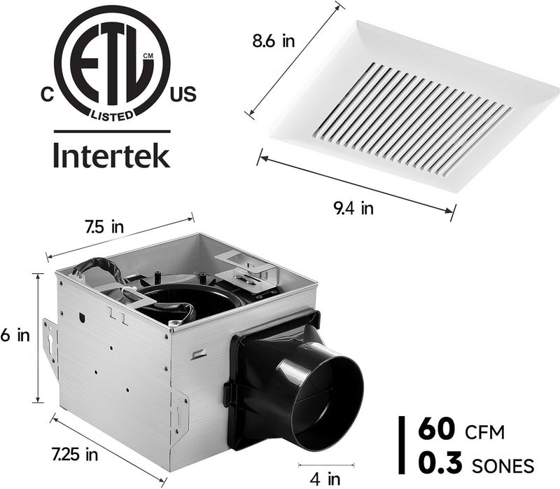 Tech Drive Bathroom Exhaust Fan 60 CFM, 0.3 Sone, 4-Inch Duct,No Attic Access Needed,Super Quiet Ventilation Fan, Easy to Install Ceiling Mounted, White, ETL Certified - Image 2