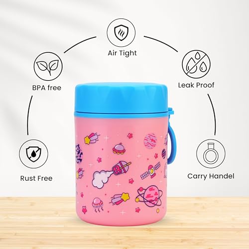 ONE AND ONLY Stainless Steel Food Jar & Tumbler Pack Space Explorer Printed Pink 480ml Lunch Box & Sipper Combo for School Kids Leakproof BPA Free Set - Image 3