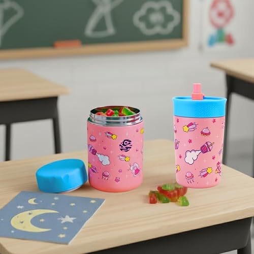 ONE AND ONLY Stainless Steel Food Jar & Tumbler Pack Space Explorer Printed Pink 480ml Lunch Box & Sipper Combo for School Kids Leakproof BPA Free Set - Image 5
