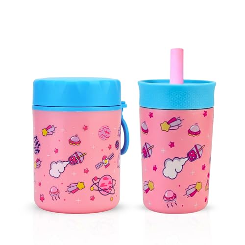 ONE AND ONLY Stainless Steel Food Jar & Tumbler Pack Space Explorer Printed Pink 480ml Lunch Box & Sipper Combo for School Kids Leakproof BPA Free Set - Image 1