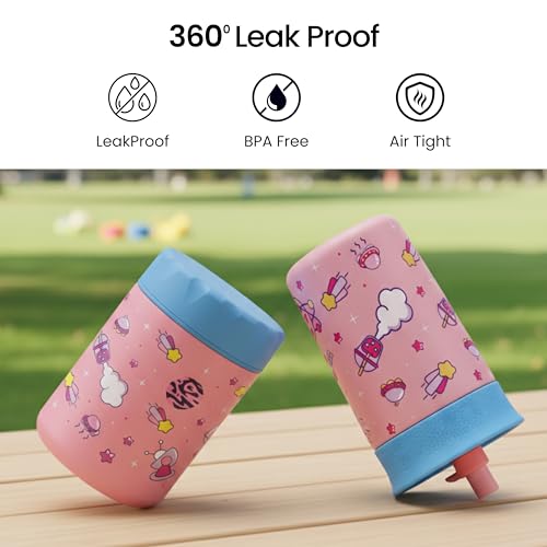 ONE AND ONLY Stainless Steel Food Jar & Tumbler Pack Space Explorer Printed Pink 480ml Lunch Box & Sipper Combo for School Kids Leakproof BPA Free Set - Image 2