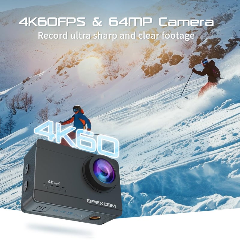 Apexcam M90 Action Camera with 64GB Card Action Cam 4K60FPS 64MP WiFi EIS Image Stabilization with Touchscreen Underwater Camera 40m Waterproof 8X Zoom 2.4G Remote Control 2x1350mAh - Image 2