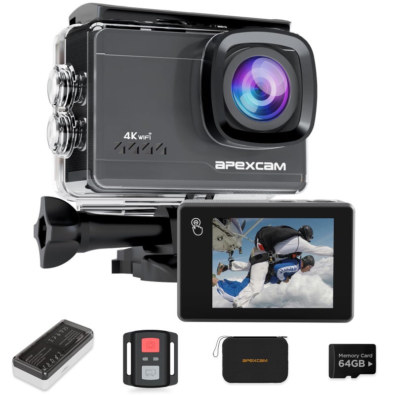 Apexcam M90 Action Camera with 64GB Card Action Cam 4K60FPS 64MP WiFi EIS Image Stabilization with Touchscreen Underwater Camera 40m Waterproof 8X Zoom 2.4G Remote Control 2x1350mAh - Image 1