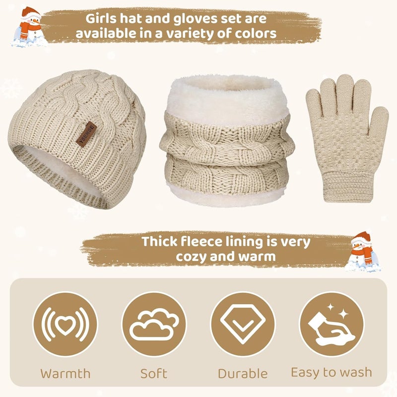 YSense 3 Pcs Kids Winter Beanie Hat Scarf Gloves Set Thick Knit Warm Fleece Fuzzy Lined Beanie Caps Mittens for Boys Girls - Image 4