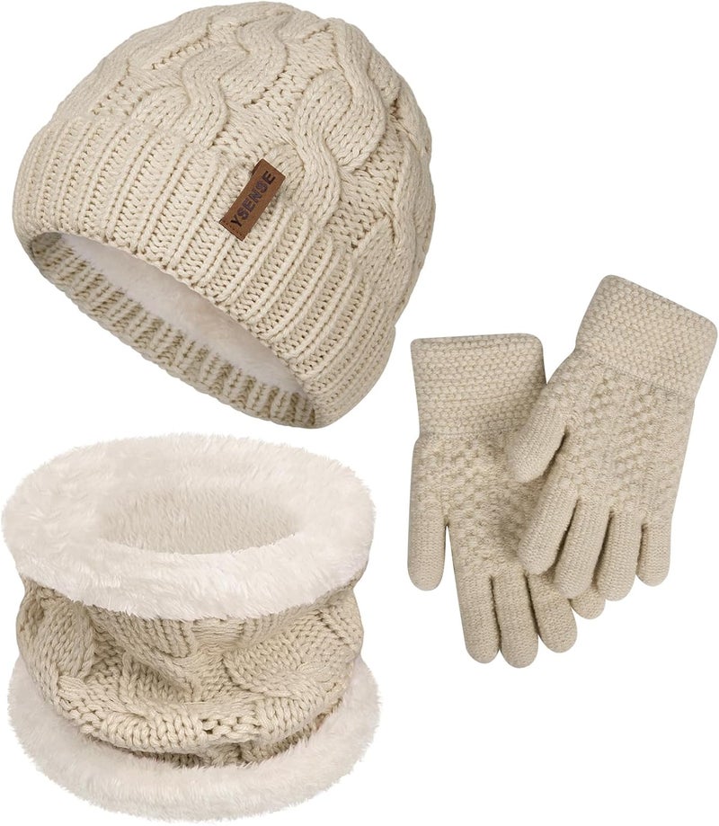 YSense 3 Pcs Kids Winter Beanie Hat Scarf Gloves Set Thick Knit Warm Fleece Fuzzy Lined Beanie Caps Mittens for Boys Girls - Image 1