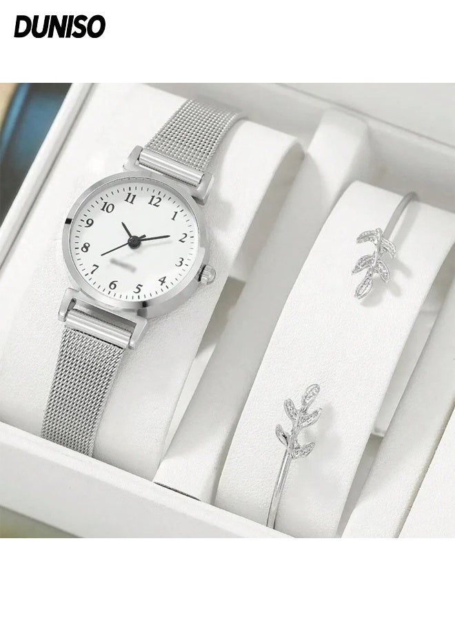 DUNISO 2Pcs Watch Bracelet Set Women's Elegant Business Watch Set Classic Alloy Strap Ladies Watch with Rhinestone Encrusted Bracelet for Lady Female Girls Minimalist Slim Thin Casual Dress Quartz Wrist Watches - Image 1