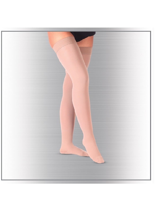 جوارب طبية ضاغطة طويلة فوق الركبة – بيج – CCL 1 (18–22 mmHg)  – مغلقة الأصابع – دعم الفخذ والكاحل وبطة الساق – للدوالي وتورم الساقين – مقاسات S–XXL – للجنسين