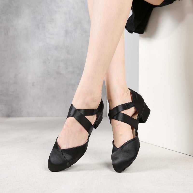 YYTing Women Swing Latin Ballroom Dance Shoes (Closed Toe, Suede Sole, Elastic Closure) 1.5 inch Heel YT26(8,Black) - Image 3