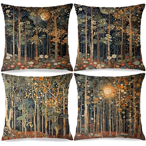 BUJSP Rustic William Morris Inspired Autumn Forest Decor Throw Pillow Covers 18x18 Set of 4,Vintage Botanical Nature Decorative Throw Pillow Covers for Home Bedroom Living Room,Fall Home Room Decor - Image 1