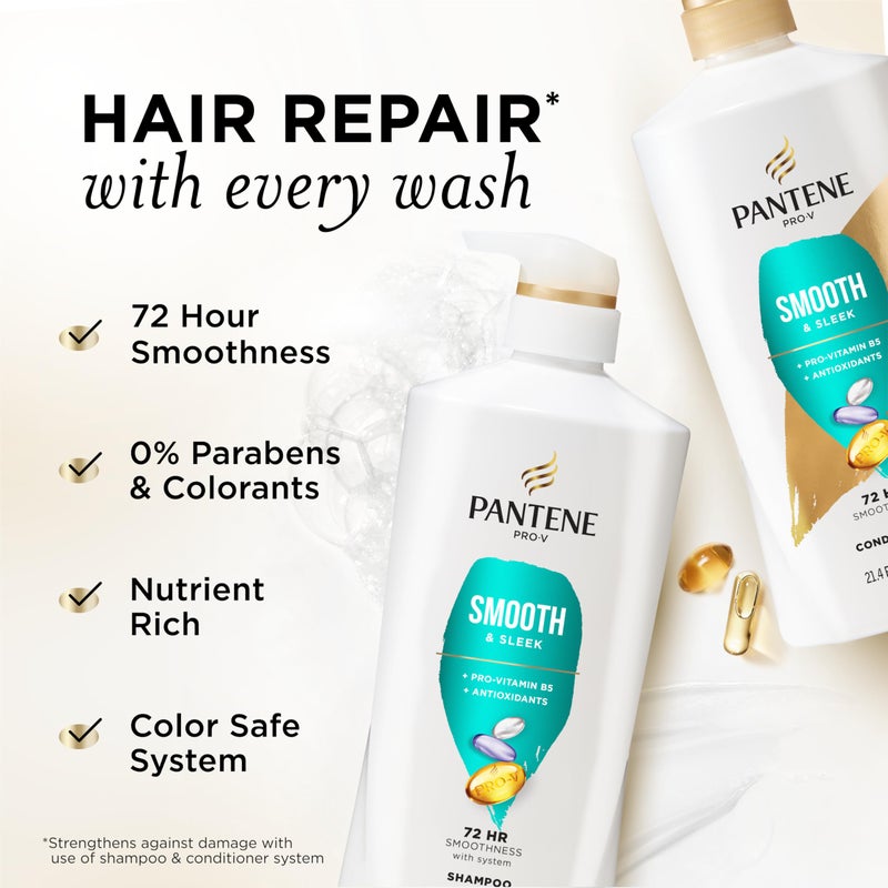 Pantene Shampoo & Conditioner Set, Smooth and Sleek - Frizz Control with Antioxidants, Nourishing for All Hair Types - Curly, Dry, Color-Treated, 52.8 Oz Total + Miracle Rescue Shot (0.5 Oz) - Image 2