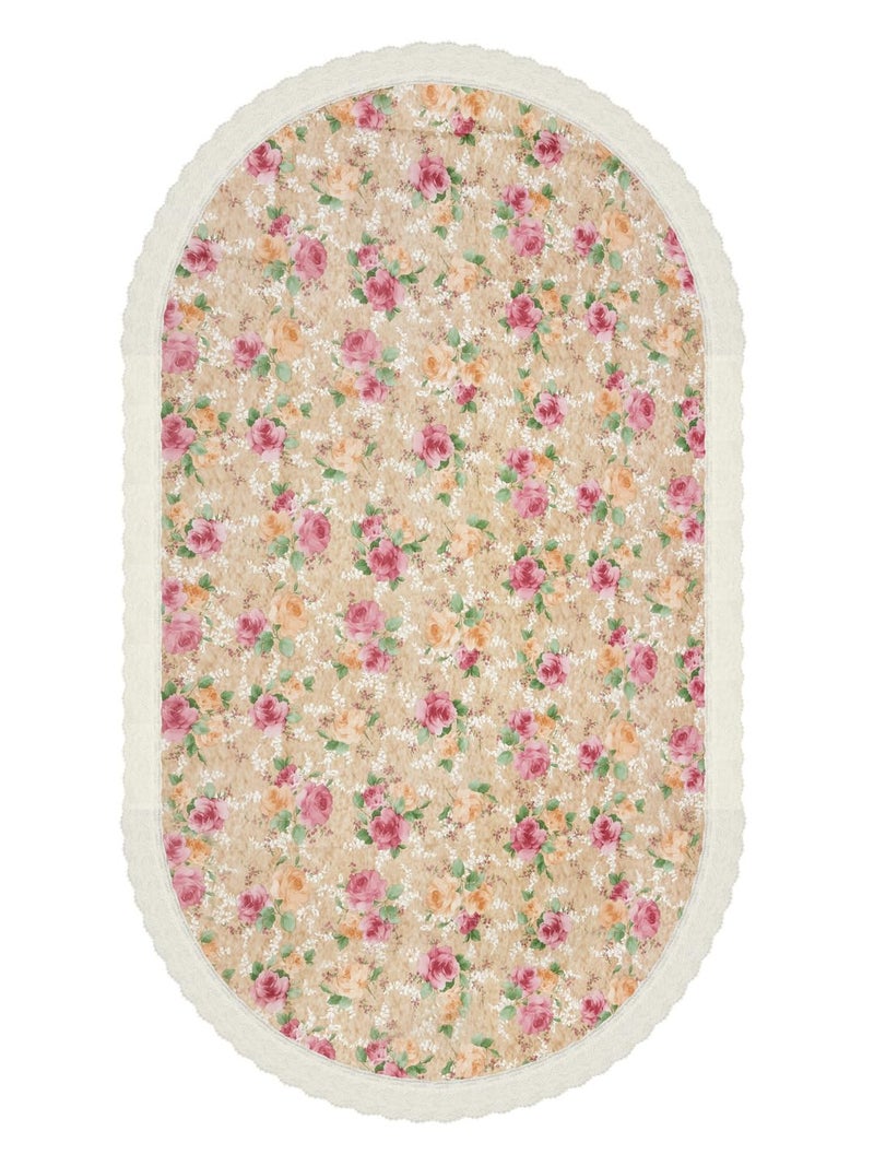 Clasiko 6 Seater Oval Dining Table Cover 60x90 Inches or 152x228 Cms Material PVC Anti Slip Pink Flowers On Beige - Image 5