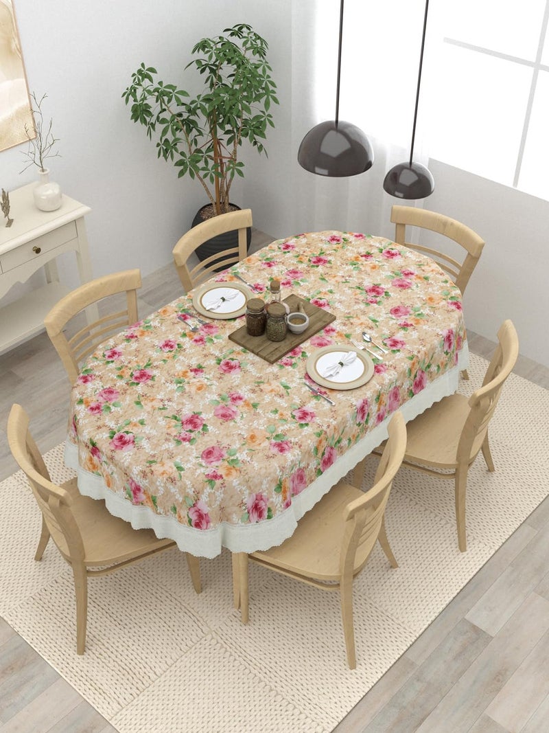 Clasiko 6 Seater Oval Dining Table Cover 60x90 Inches or 152x228 Cms Material PVC Anti Slip Pink Flowers On Beige - Image 1