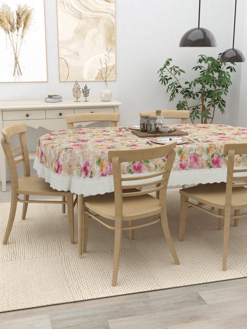 Clasiko 6 Seater Oval Dining Table Cover 60x90 Inches or 152x228 Cms Material PVC Anti Slip Pink Flowers On Beige - Image 3