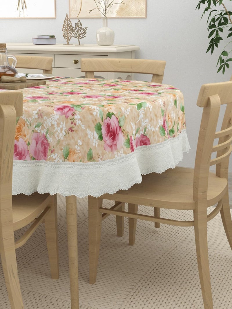 Clasiko 6 Seater Oval Dining Table Cover 60x90 Inches or 152x228 Cms Material PVC Anti Slip Pink Flowers On Beige - Image 4