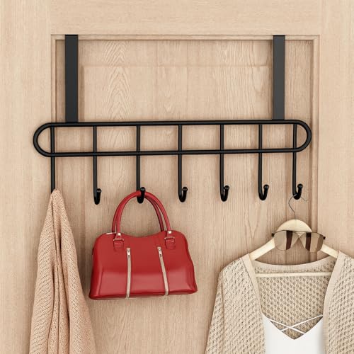 KYMIO Over-The-Door Hook (Pack of 1), Heavy-Duty Over Door Hanger Holder for Coat Hanging, Robe, Hat, Clothes, Towels, Bathroom Organiser, Towel Rack, 7 Hooks, Matte Black - Image 1