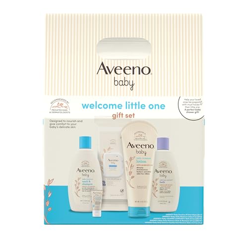 Aveeno Baby Aveeno Baby Welcome Little One Gift Set Baby Skincare Set with Nourishing Baby Body Wash Shampoo Calming Bath Wash All Over Baby Wipes Daily Moisturizing Lotion Baby Balm 5 Items